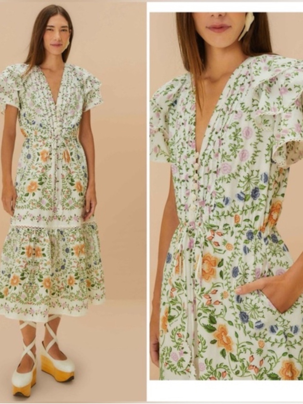 FARM RIO Folk Floral off white short sleeve midi dress, puff sleeve NWT XL - Picture 4 of 11